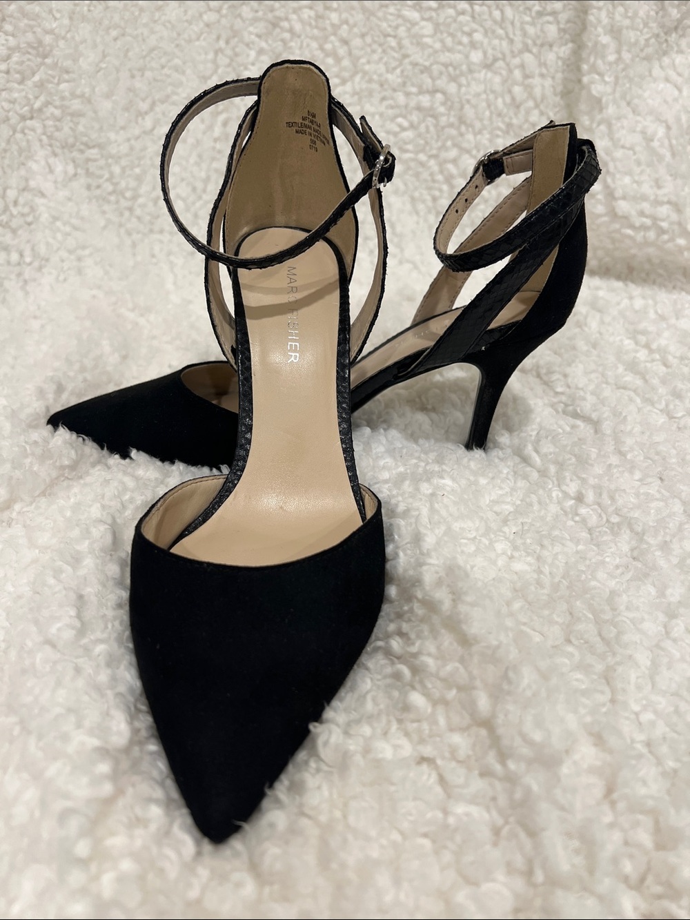Marc Fisher Black Pointed Toe Ankle-Strap Pumps with Slim Heel